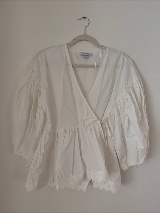 Kika Vargas Tops - Kika Vargas White Wrap Peplum Blouse with Puff Sleeves